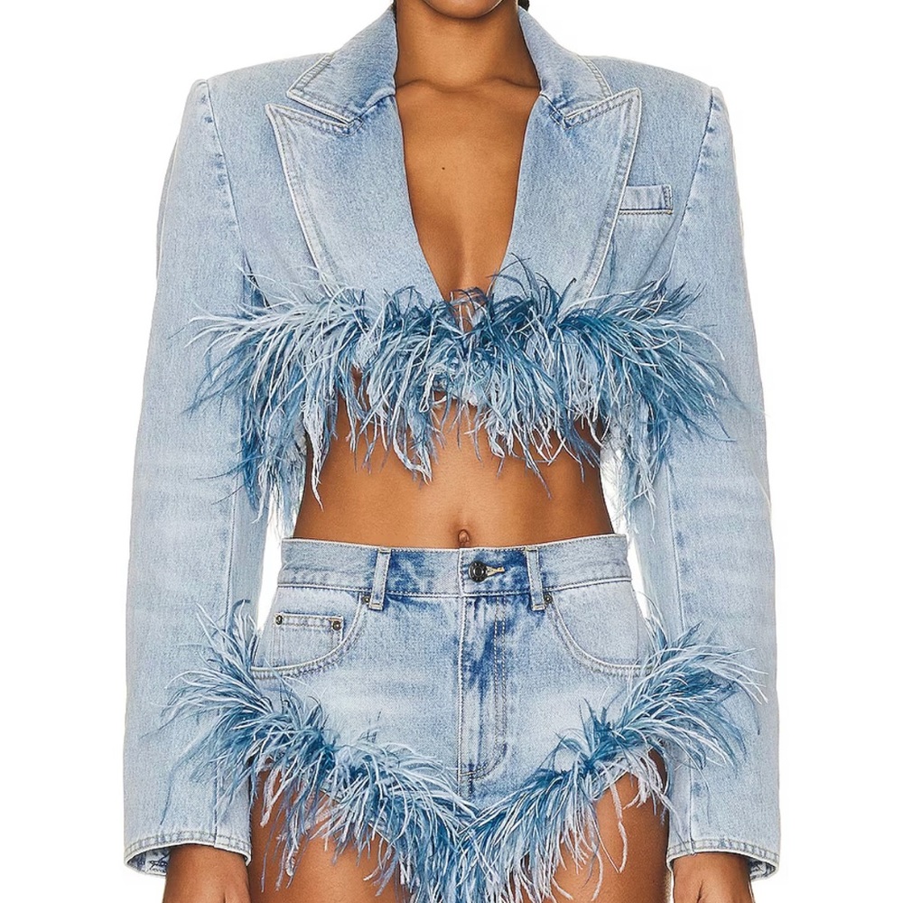 Frayed Denim Feather Trim Cropped Blazer and Short set.